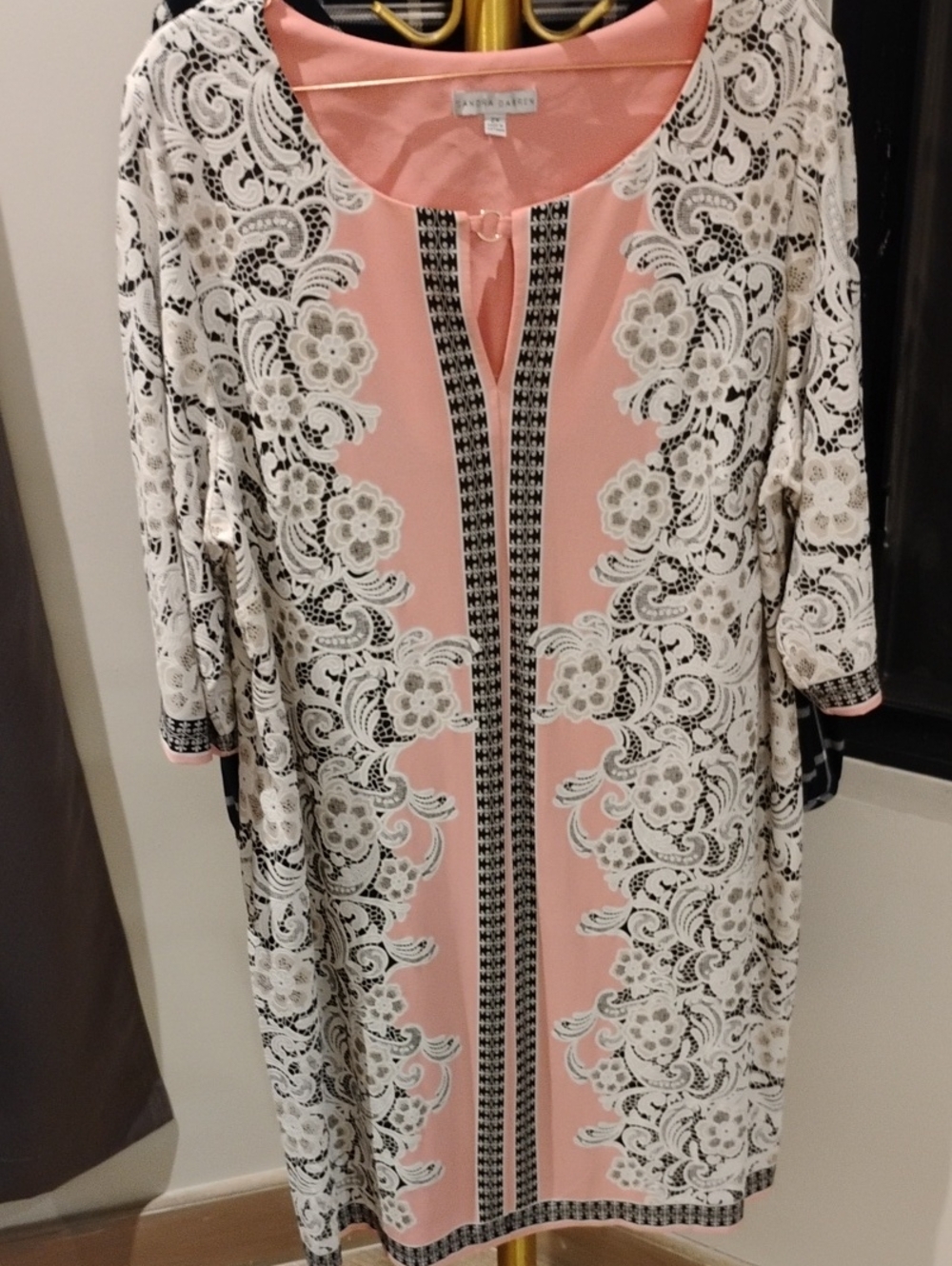 Sandra Darren Pink and White Printed Midi Dress with Front Trim